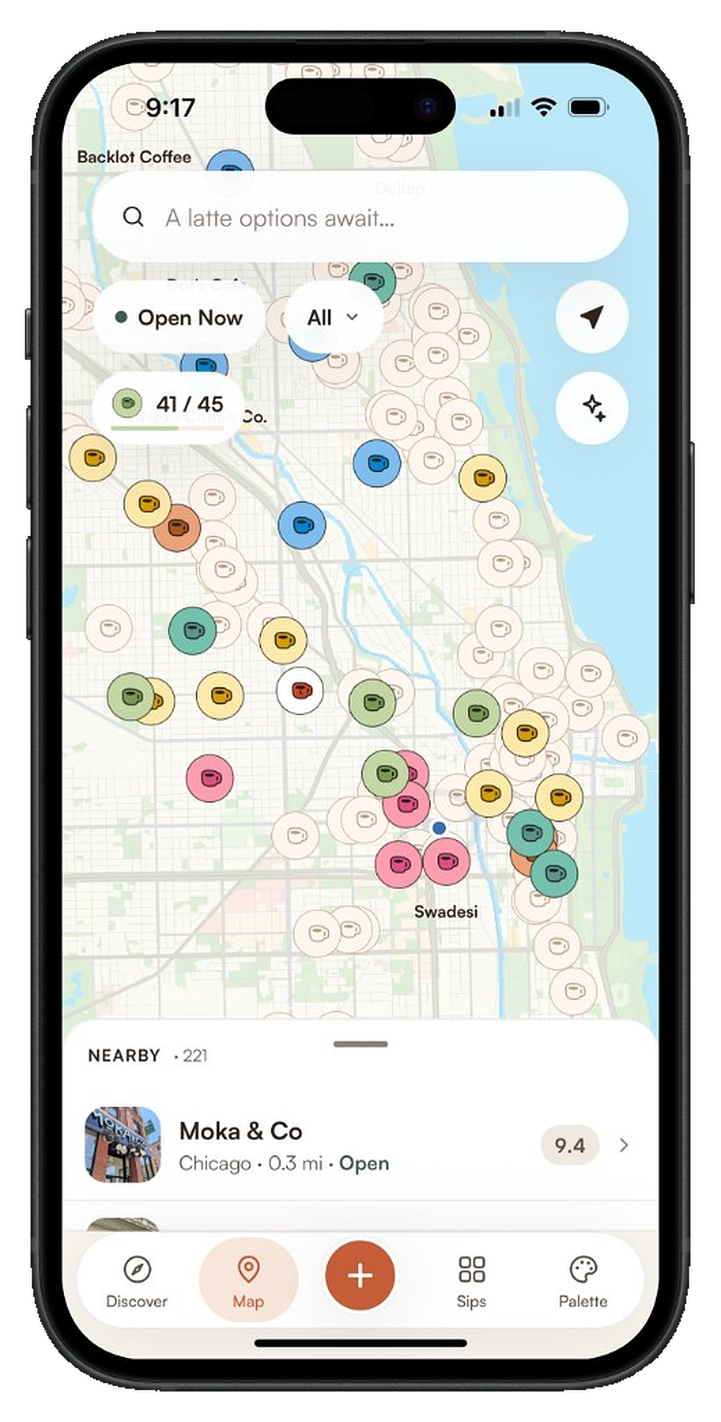 Cafe map with nearby sips